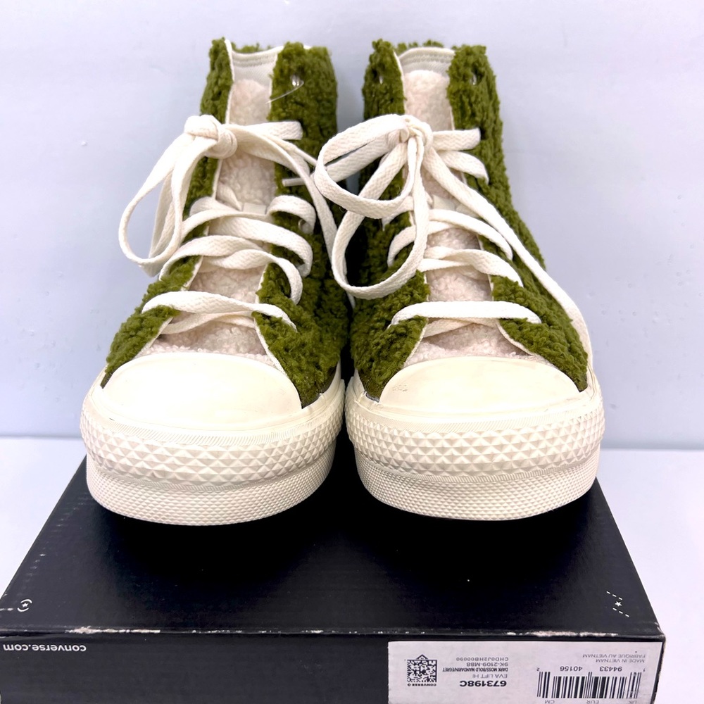 CONVERSE💯CHUCK TAYLOR ALL STAR SHERPA PLATFORM“DARK MOSS BOLD MANDARIN” SIZE 6 - Picture 2 of 13